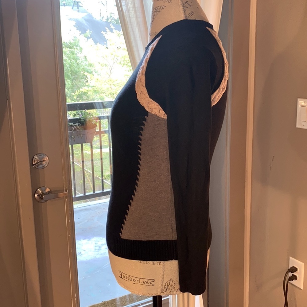 SI-IAE cableknit trim sweater shirt longsleeve black tan & gray cashmere top XS‌ - Picture 5 of 7